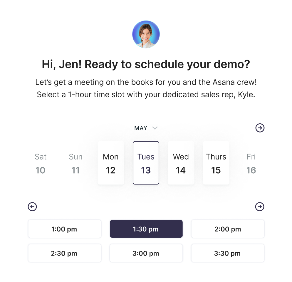 Piper meeting scheduling interface with calendar and available time slots