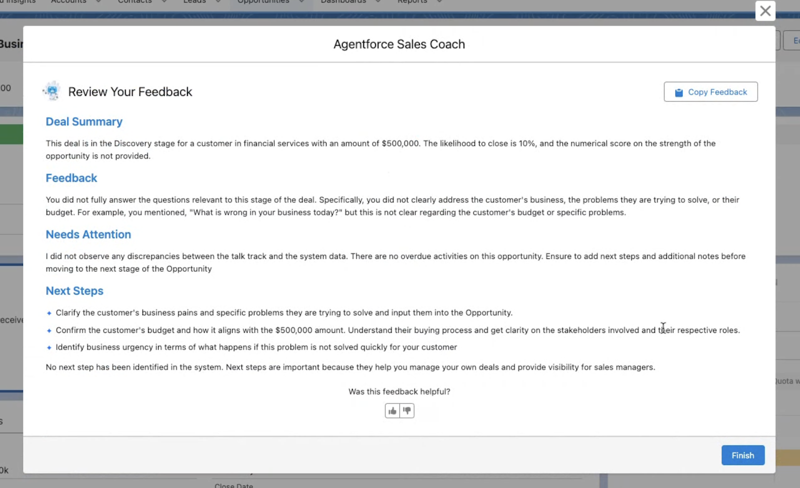 Sales Coach feedback report showing Deal Summary for a $500K financial services deal in Discovery stage, with specific feedback on insufficient customer pain point exploration