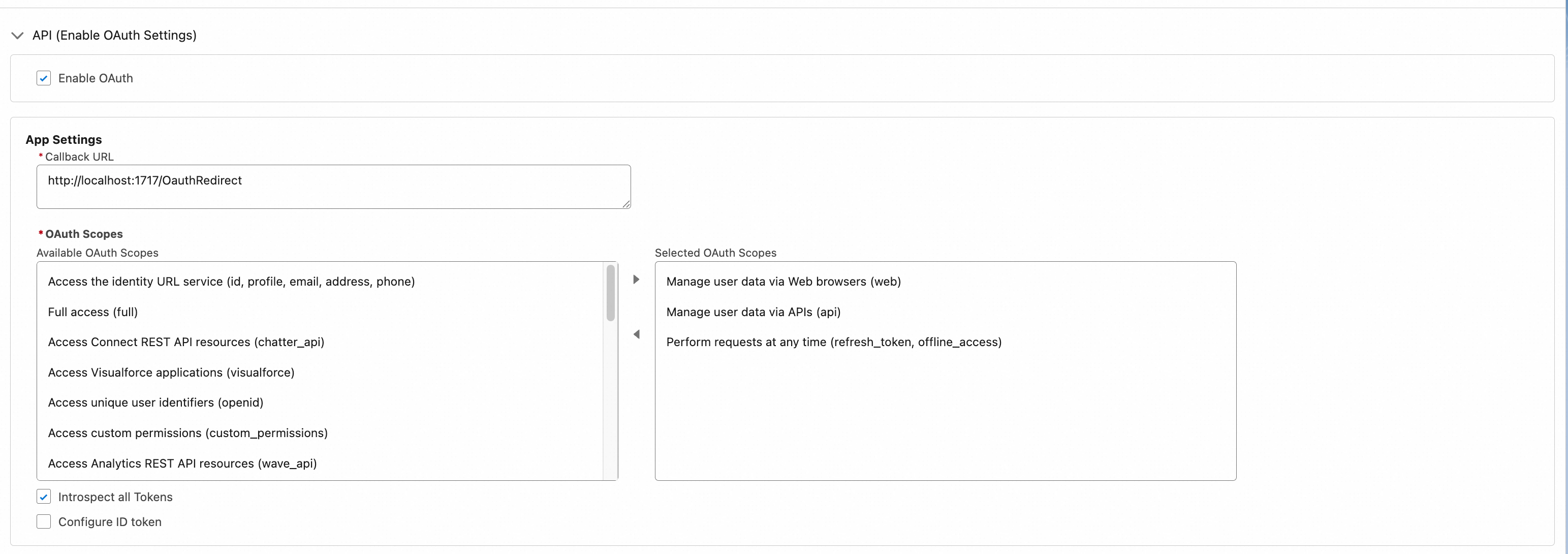 OAuth settings panel showing Callback URL set to localhost:1717 and three selected OAuth Scopes: web, api, refresh_token
