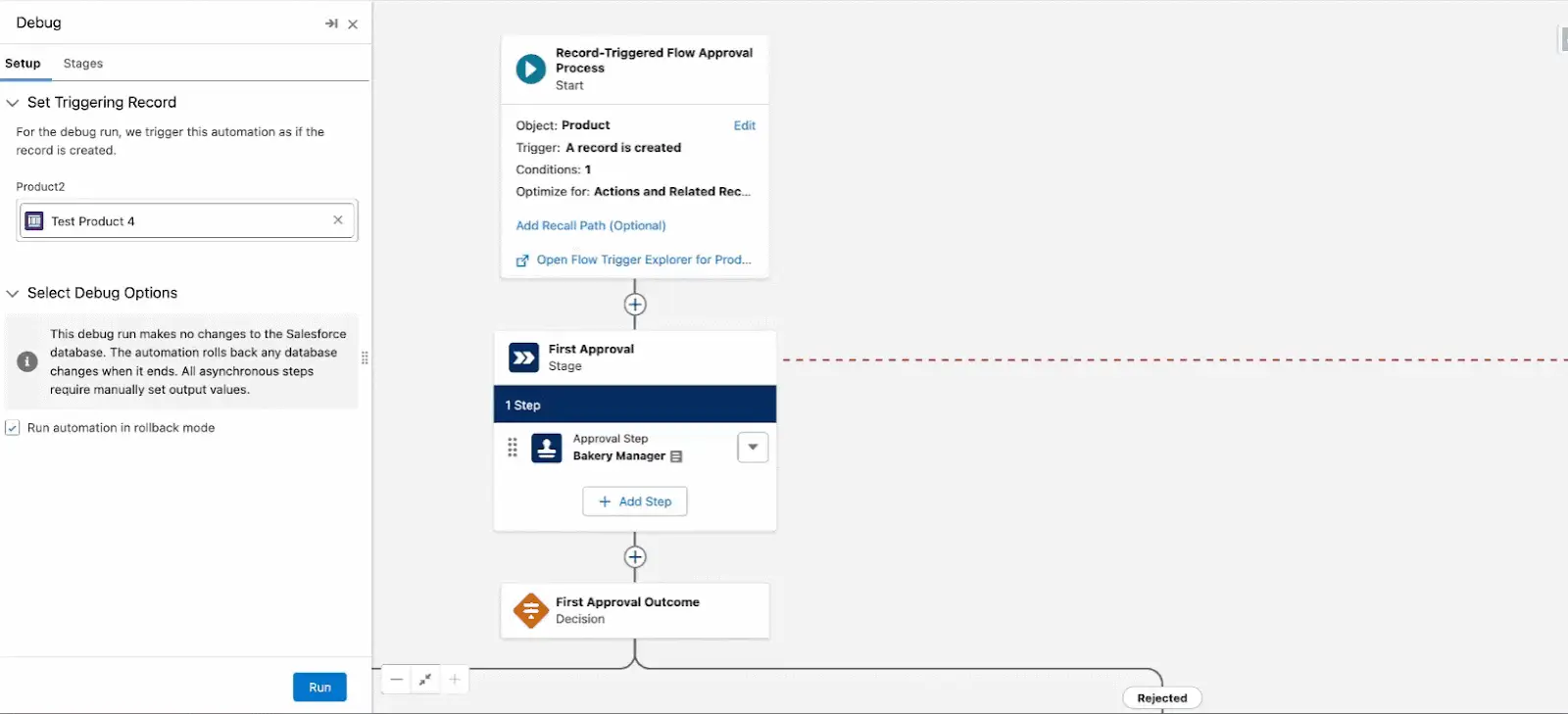 Flow Builder Approval Process Debug panel: left side shows Setup/Stages tabs and Select Debug Options, right side displays the approval stage canvas (First Approval Stage → Bakery Manager Approval Step)