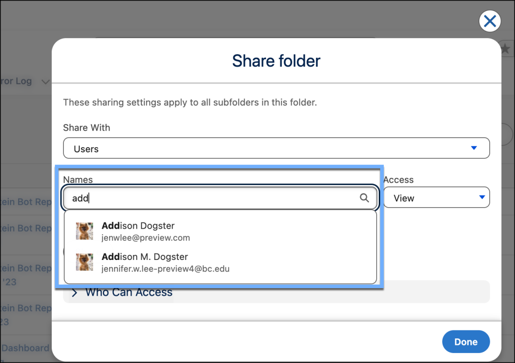 Report folder sharing interface: user list showing both Display Name and Username