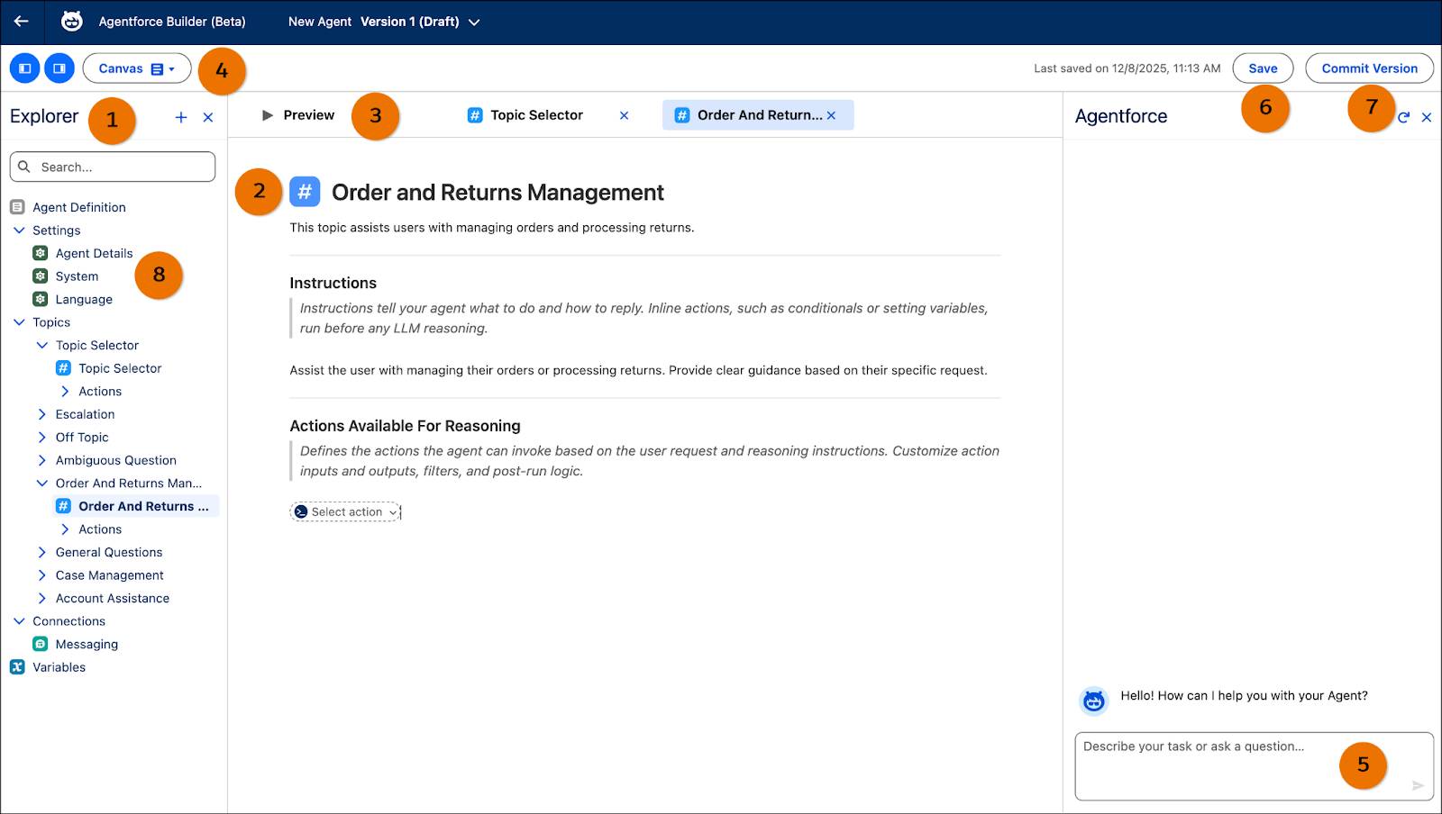 Agentforce Builder Canvas View interface tour with 8 labeled areas