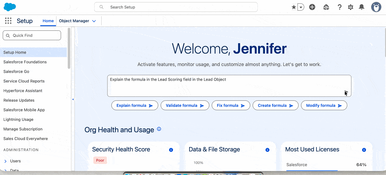 Setup with Agentforce formula troubleshooting: user pastes a problematic formula, Agentforce analyzes the error and provides a fix