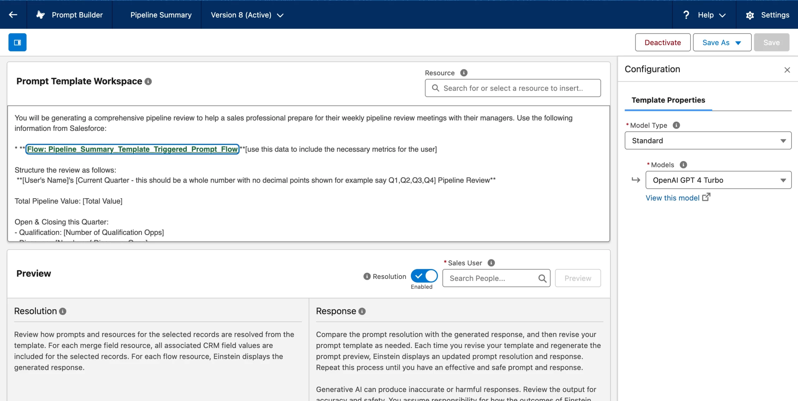 Prompt Template Workspace showing Pipeline Review template configuration with model selection (OpenAI GPT-4 Turbo) and merge field placeholders