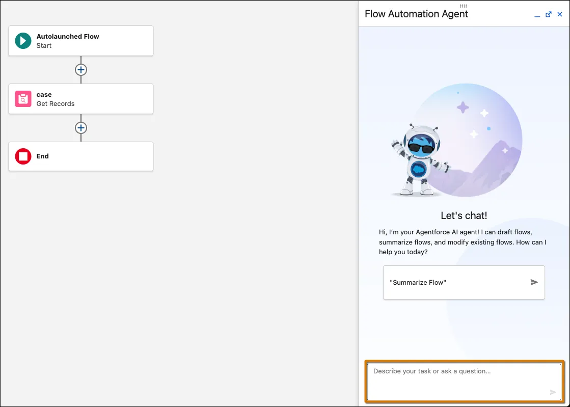 Flow Automation Agent panel in Flow Builder showing the Let's chat! interface with a Summarize Flow quick action
