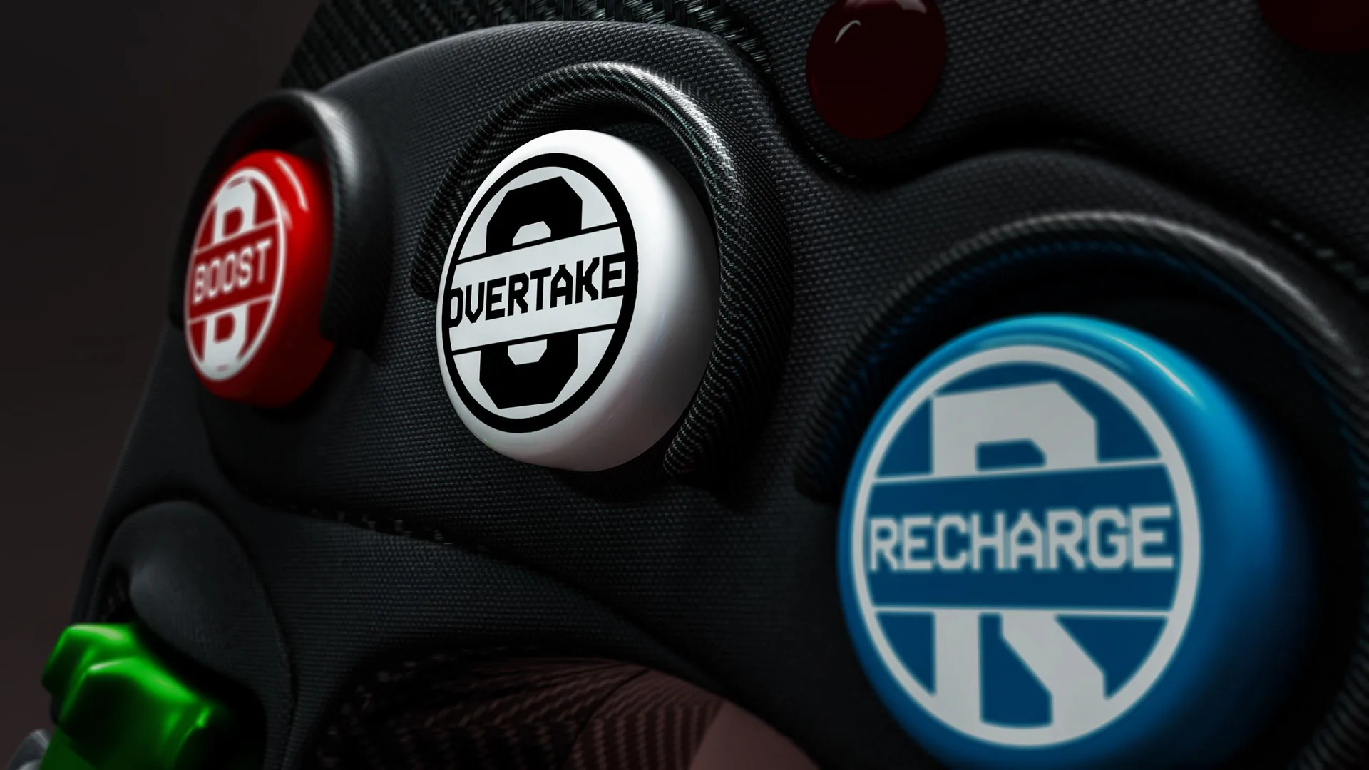 2026 F1 steering wheel close-up showing the new Boost (red), Overtake (white), and Recharge (blue) buttons