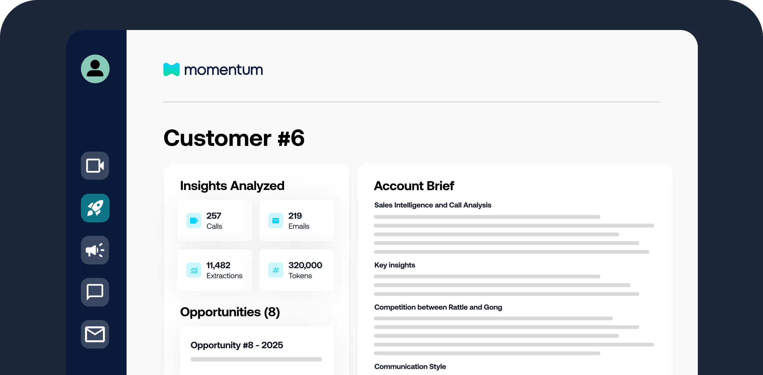 Momentum Account Brief interface: left panel showing Insights Analyzed with 257 Calls, 219 Emails, 11482 Extractions, 320000 Tokens; right panel displaying Sales Intelligence, Key Insights, competitive analysis, and Communication Style sections