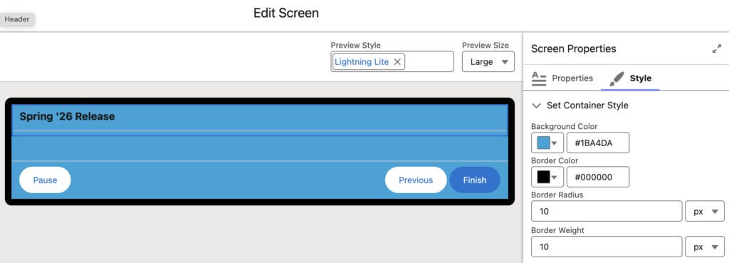Edit Screen view in Flow Builder with Style tab open: Set Container Style section showing Background Color, Border Color, Border Radius, and Border Weight fields, with live preview of blue container styling on the left