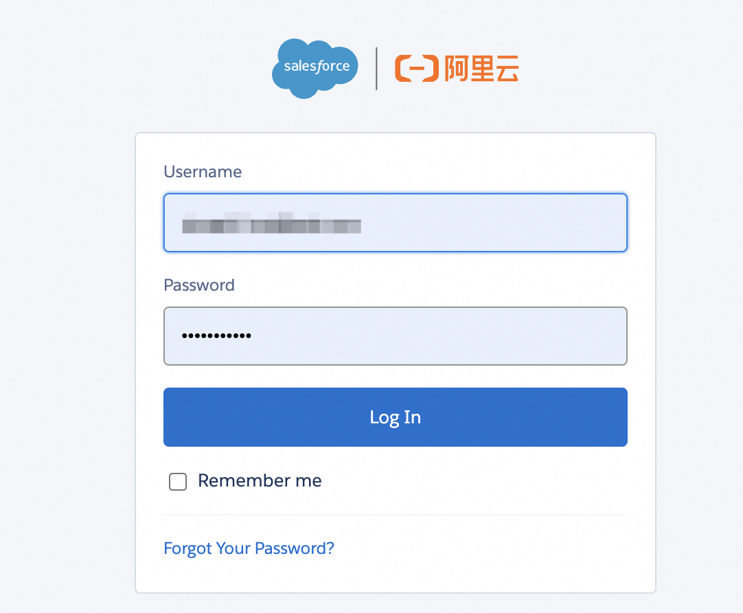 SFoA login page: Salesforce and Alibaba Cloud logos, enter username and password then click Log In