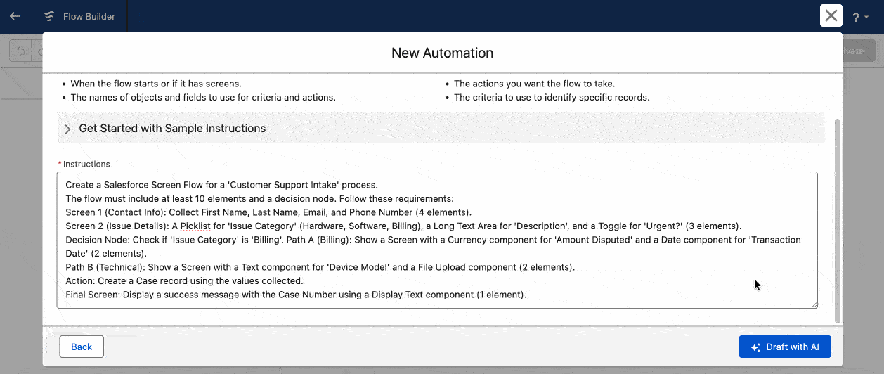 Agentforce for Flow demo: entering a natural language description auto-generates a Flow with trigger conditions, Decision branches, and Action elements