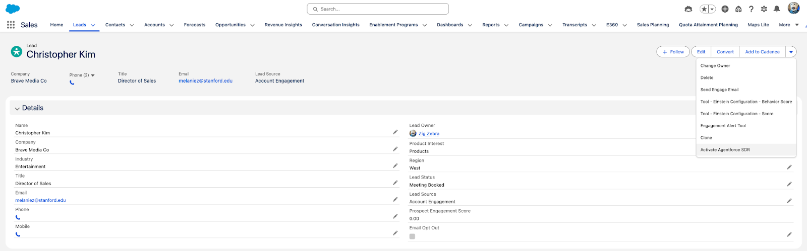 Lead record page with Activate Agentforce SDR option in the action dropdown menu, enabling reps to assign leads to the agent